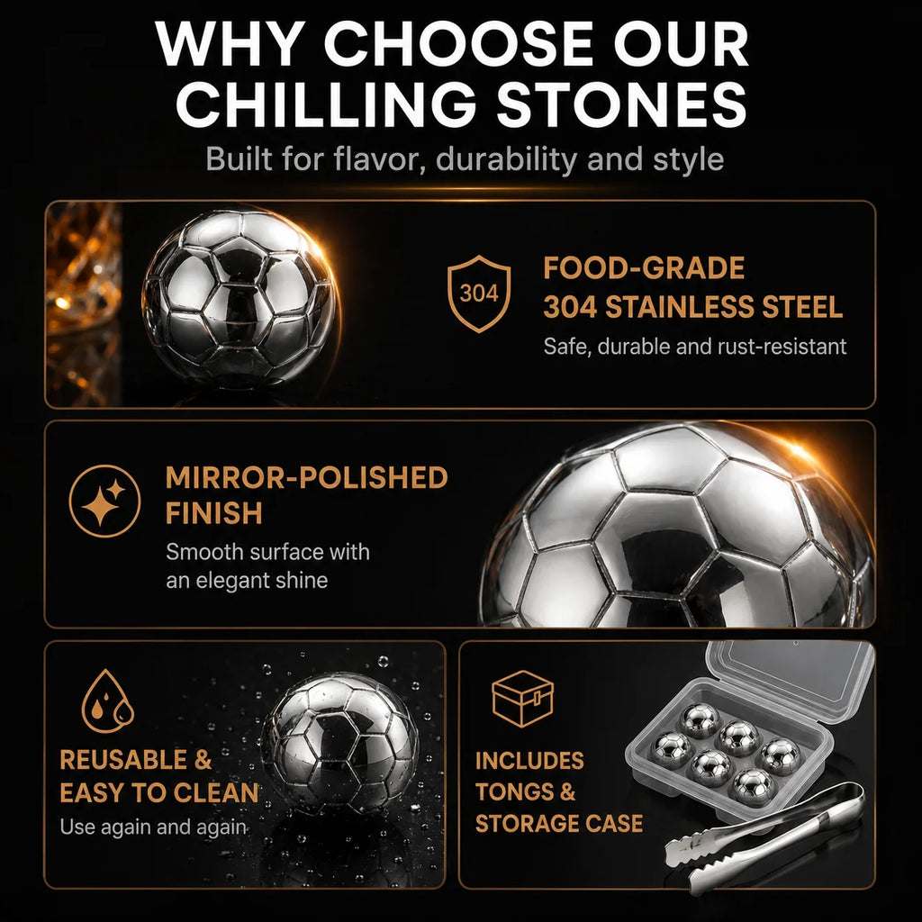 Soccer Ball Whiskey Stones – Steel Chilling Balls with Tongs