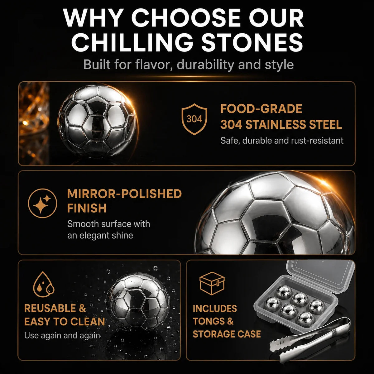 Soccer Ball Whiskey Stones – Steel Chilling Balls with Tongs