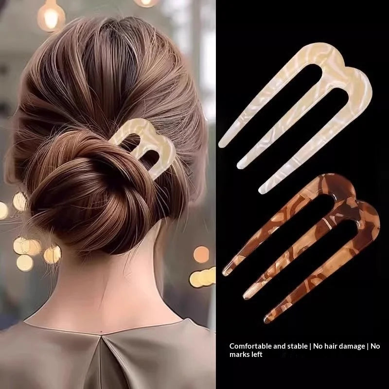 French U-Shaped Hair Fork – 3 Prong Bun Stick for Women