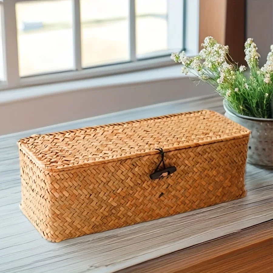 Partitioned Storage Box Handcrafted Woven Basket Rectangular Vintage