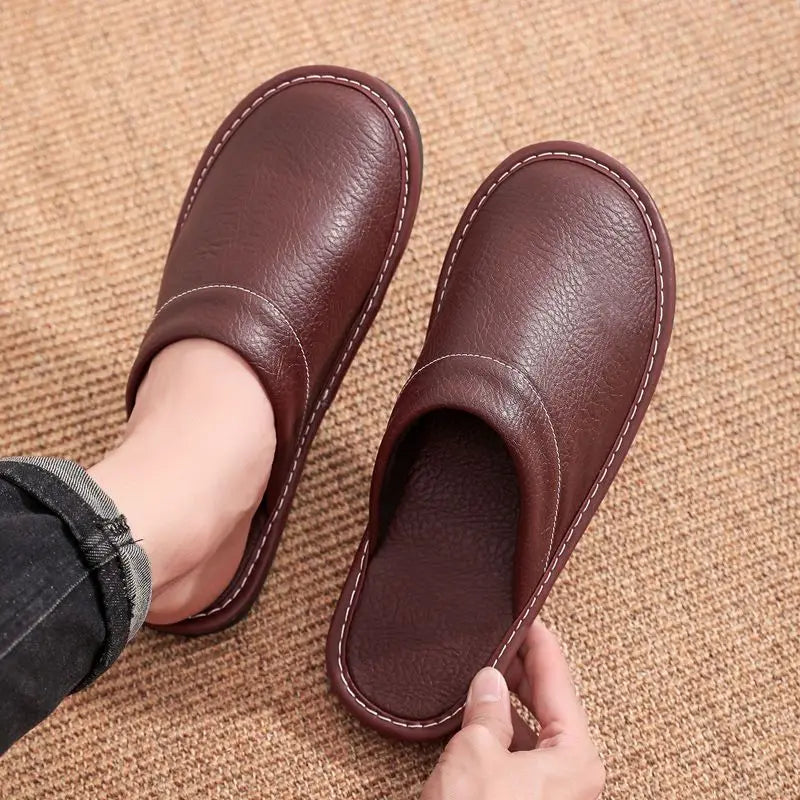 Lorilury Non-Slip Waterproof Indoor Leather Slippers Men Women
