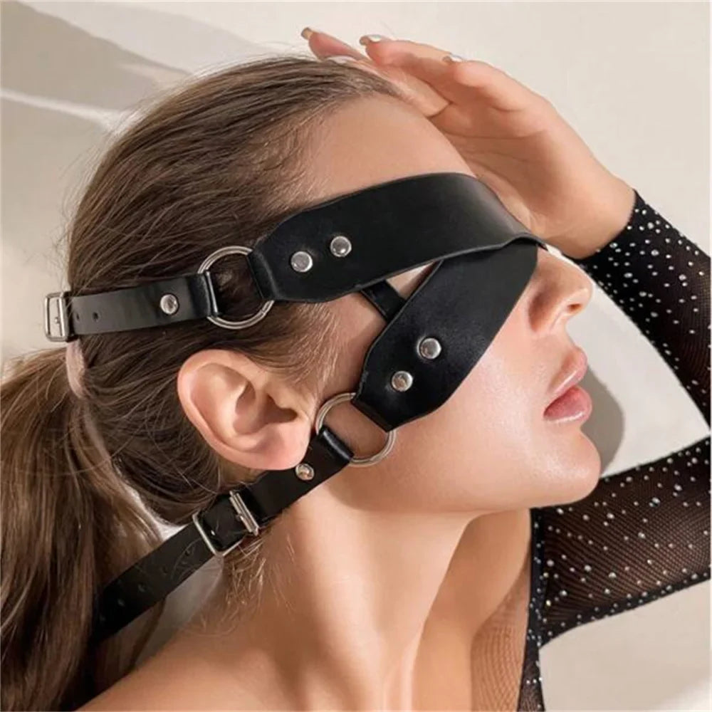 Fullyoung Sexy Mask Face Women PU Leather Goth Harness Cosplay Anime