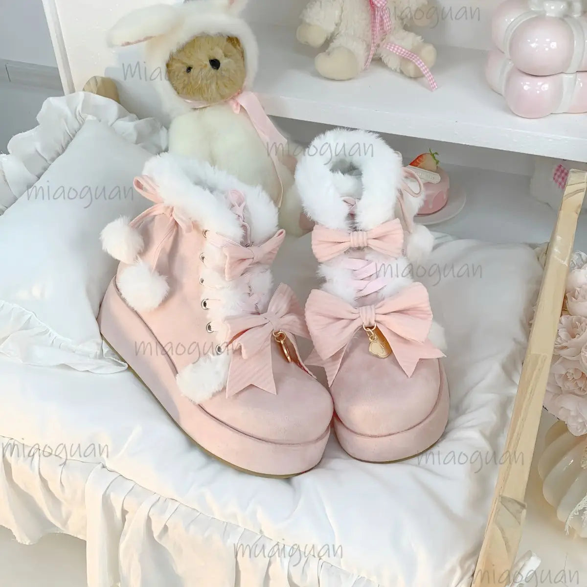 Women's Lolita Platform Snow Boots – Plush Bowknot PU Winter