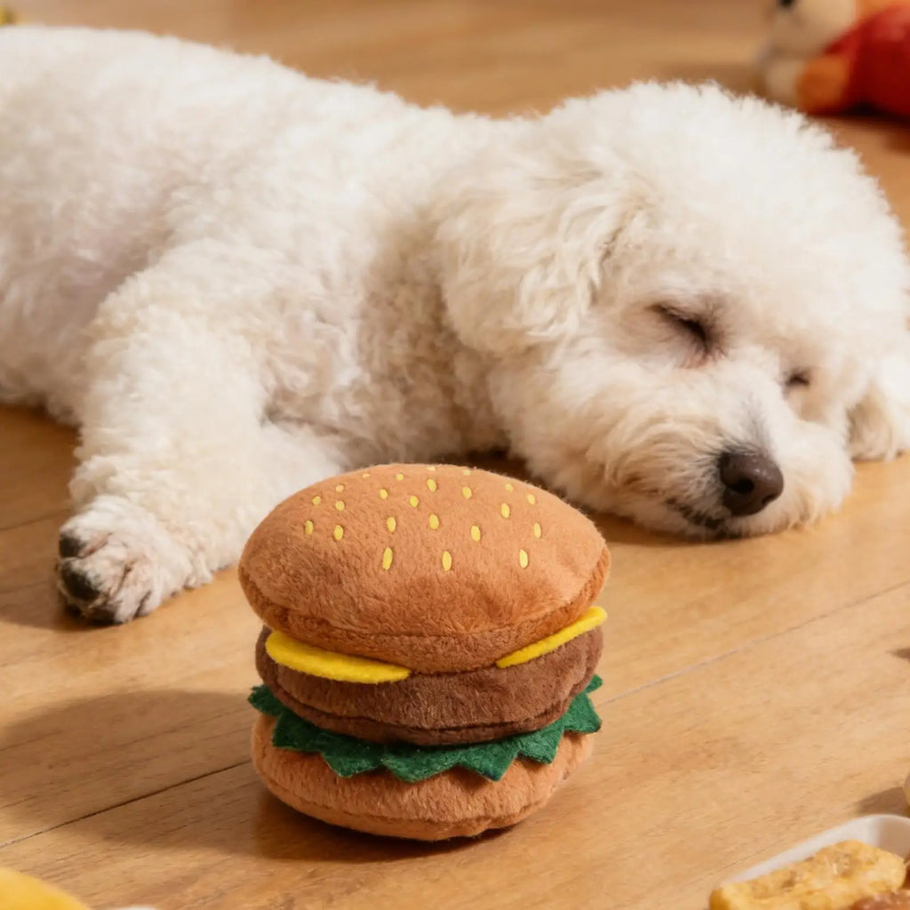 Squeaky Hamburger Dog Chew Toy – Soft Plush Puppy Teether