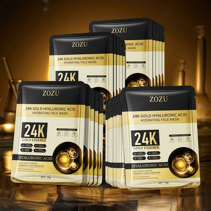 24K Gold Hyaluronic Acid Face Masks – Firming & Hydrating 10-Pack