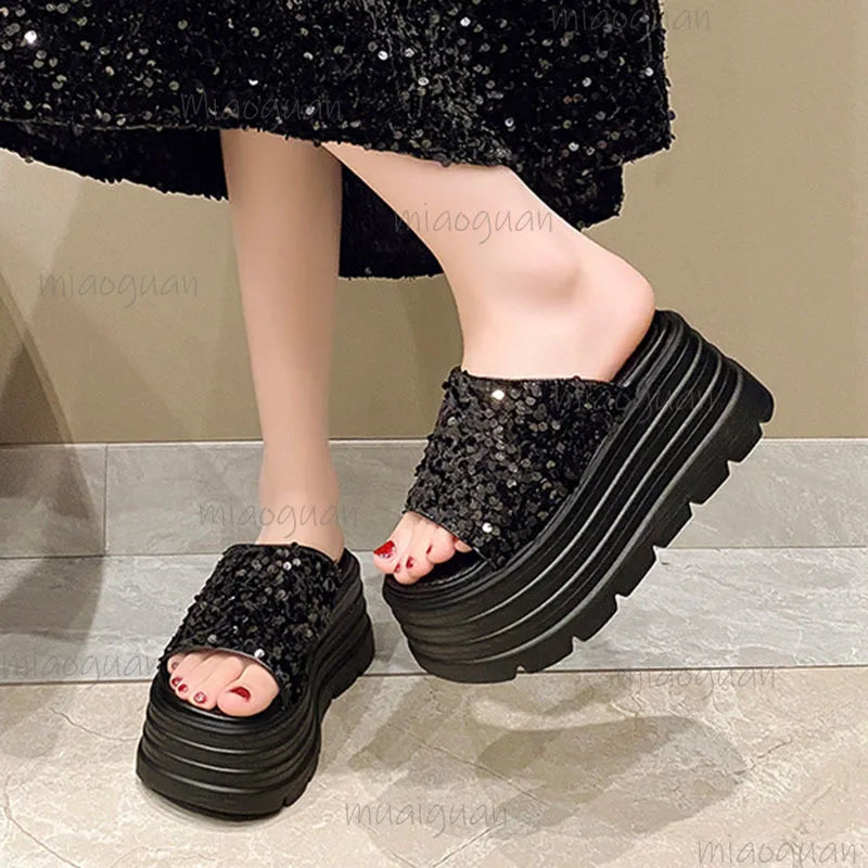 Women's Platform Wedge Slides – Sequin Peep Toe Sandals 8cm