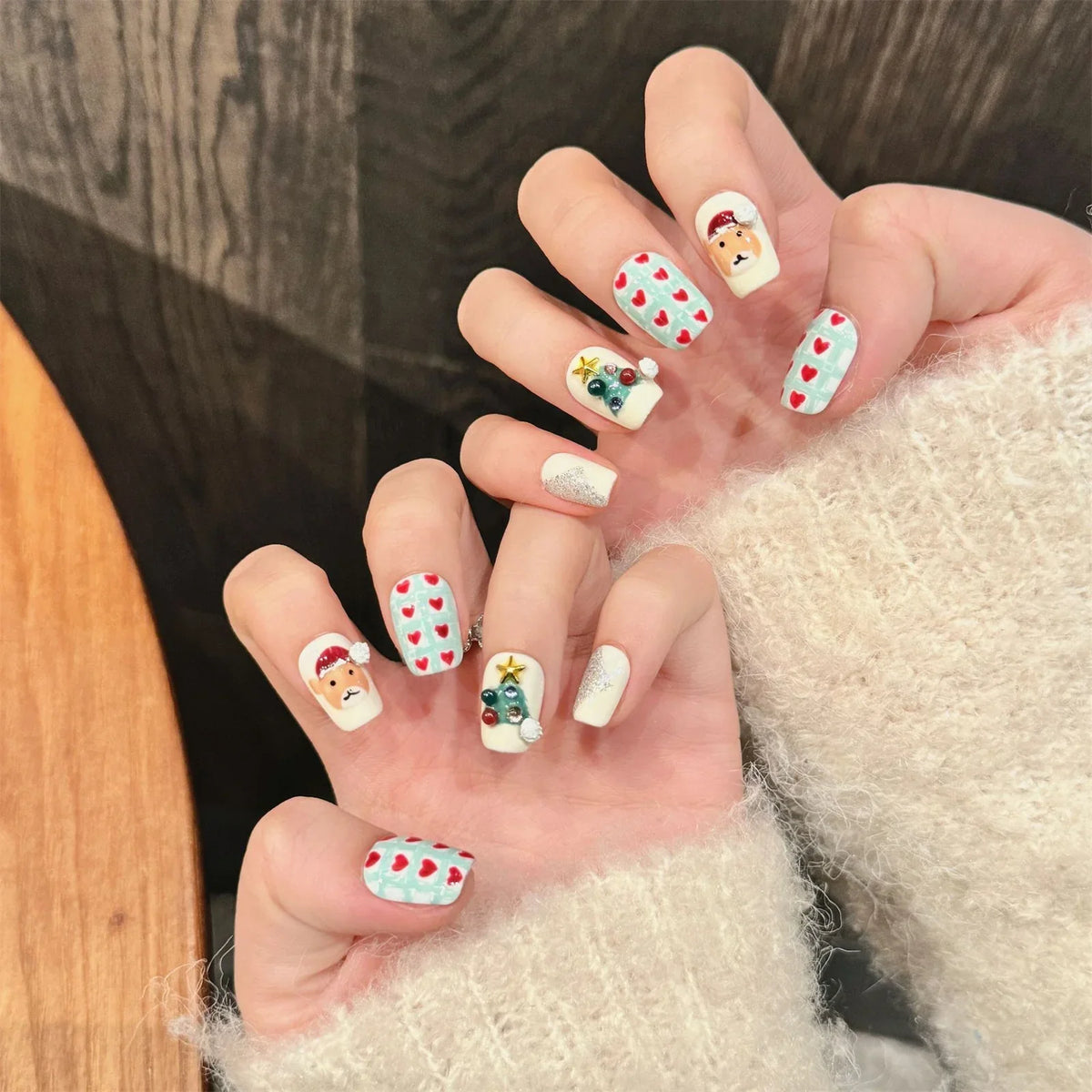 Christmas Press On Nails | 3D Bow Sequin Handmade Fake Nails 10pc