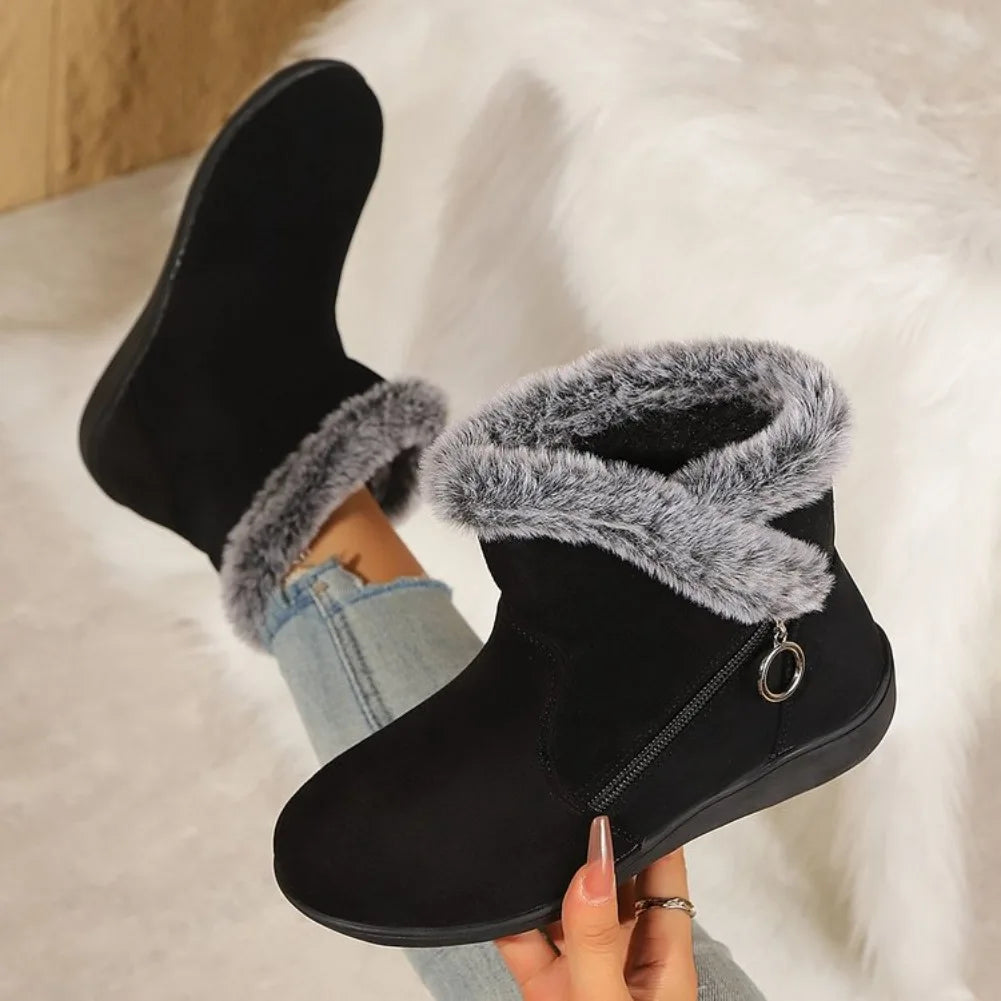 Women's Warm Plush Ankle Snow Boots – Zipper Flat Winter Shoes