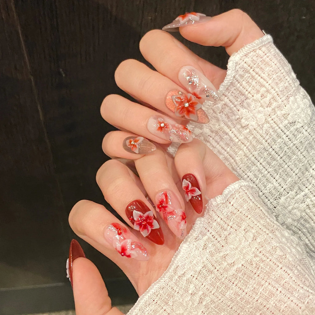 Handmade Almond Press-On Nails – Devil's Flower Design 10pcs