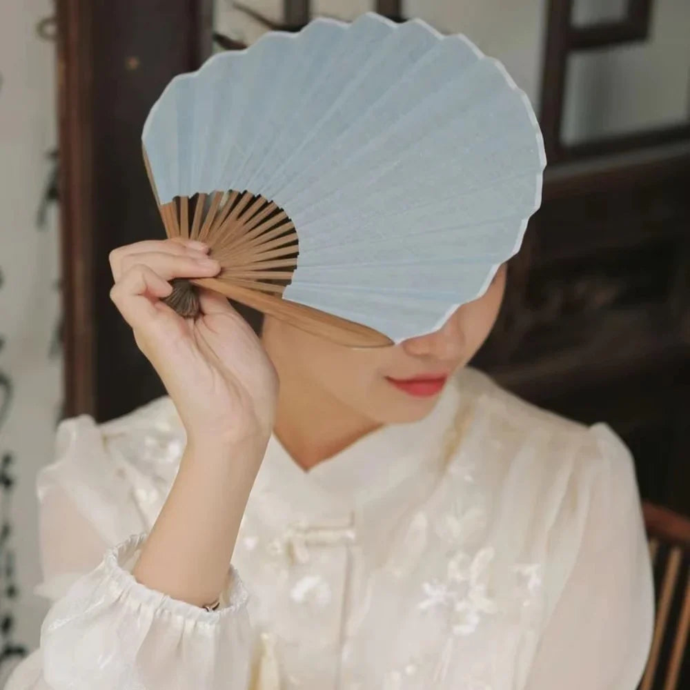 Japanese Retro Shell Shaped Fan Silk Cloth Bamboo Folding Fans