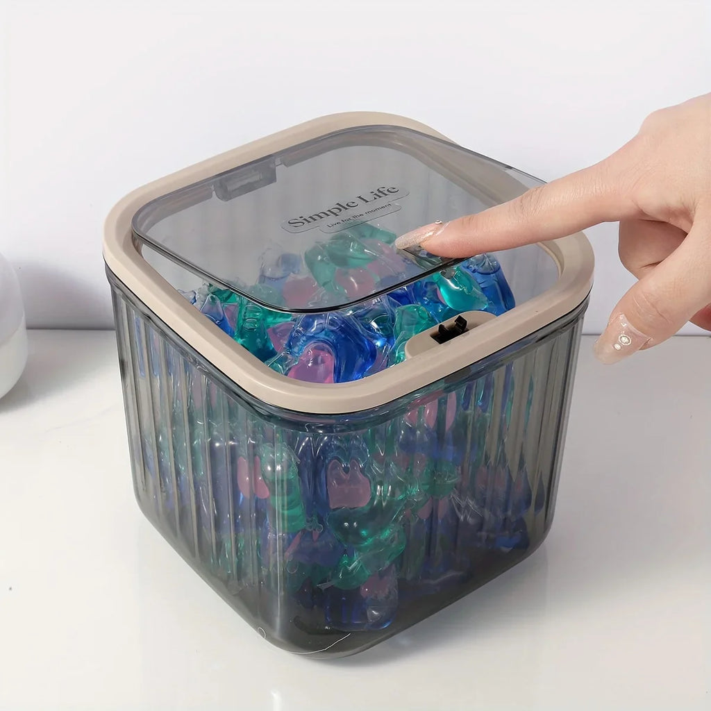 Laundry Capsule Container Detergent Scoop Jar Seal Pop-up Lid