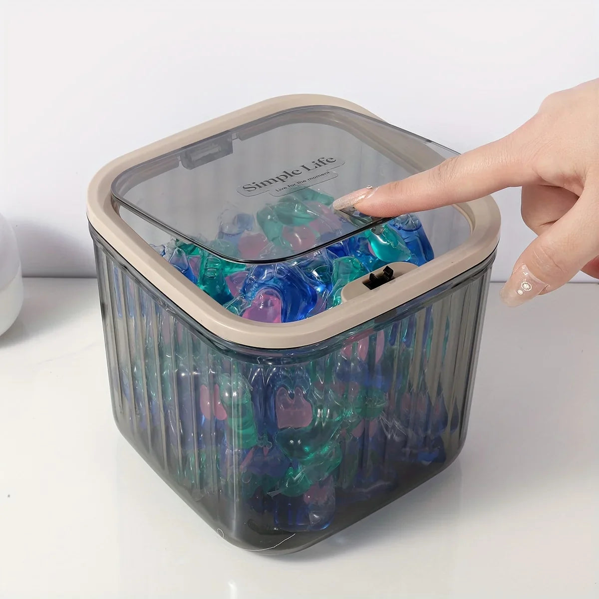 Laundry Capsule Container Detergent Scoop Jar Seal Pop-up Lid