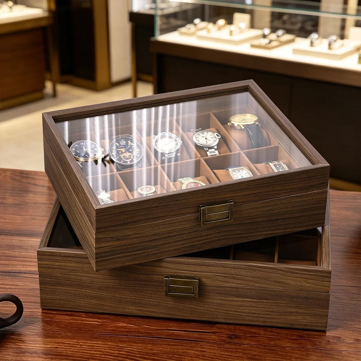Multi Grid Wooden Watch Box Glass Cover Adjustable Jewelry Storage