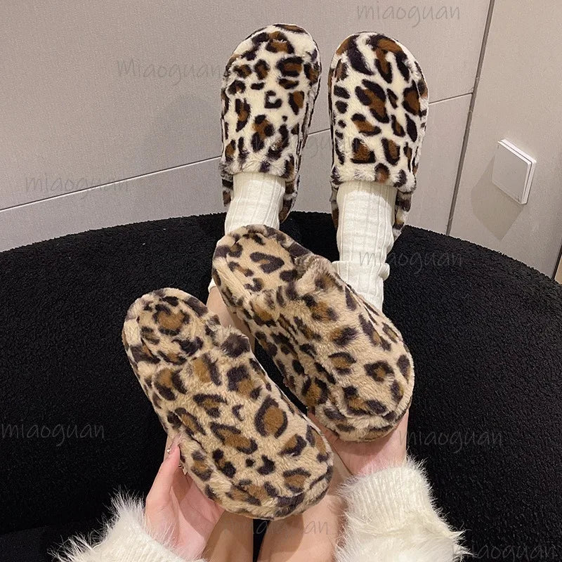 Women's Leopard Furry Slippers – Plush Warm Winter Slides