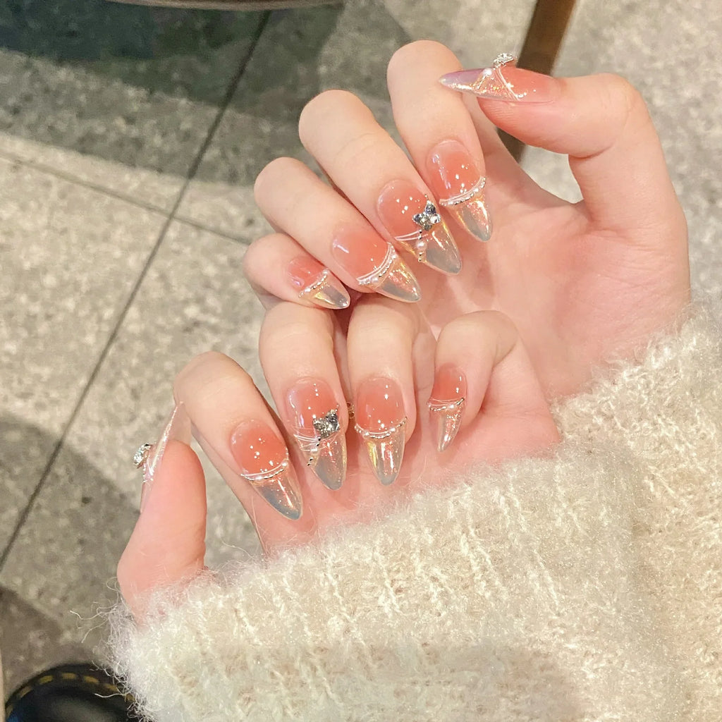 Handmade Press-On Nails Aurora Blue French Pearl Crystal Almond