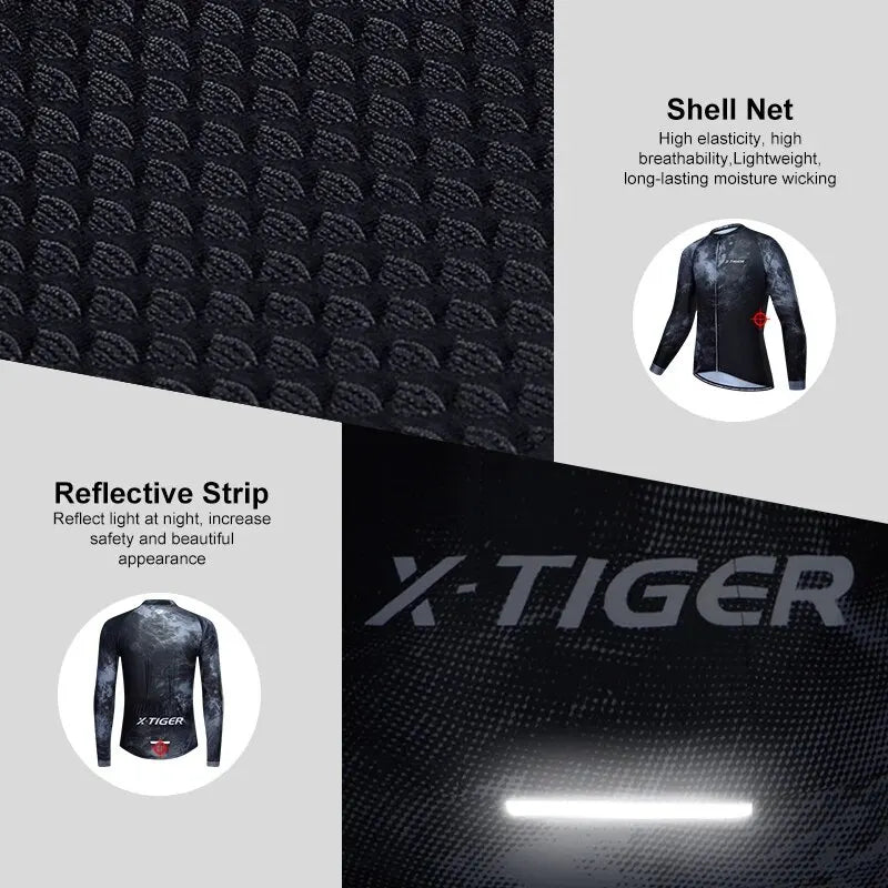 X-TIGER Men's Long Sleeve Cycling Jersey – Breathable & Reflective
