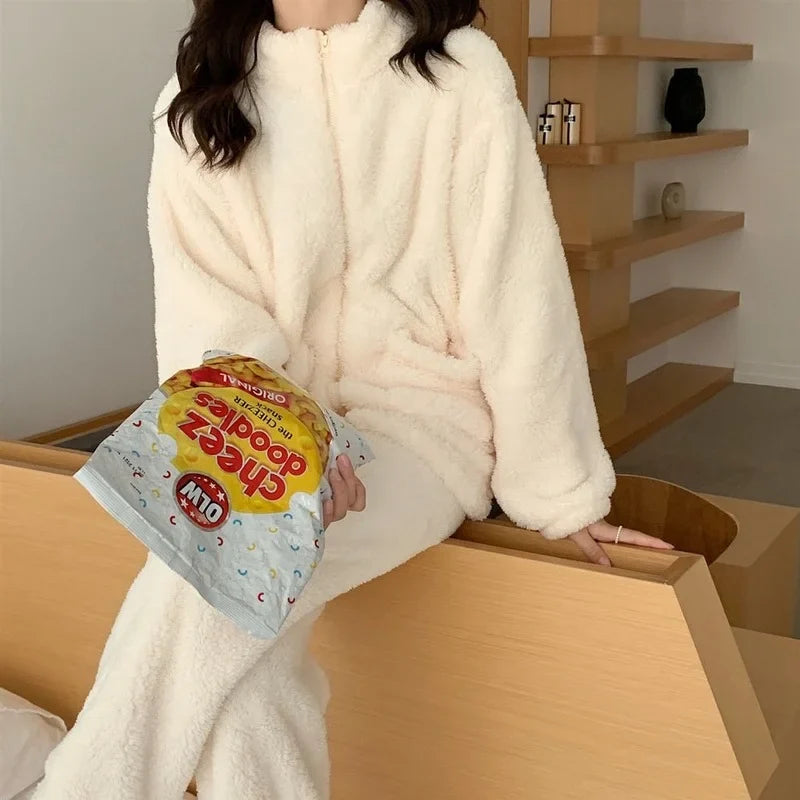 Women's Winter Fleece Pajama Set – Zip-Up Turtleneck Sleepwear
