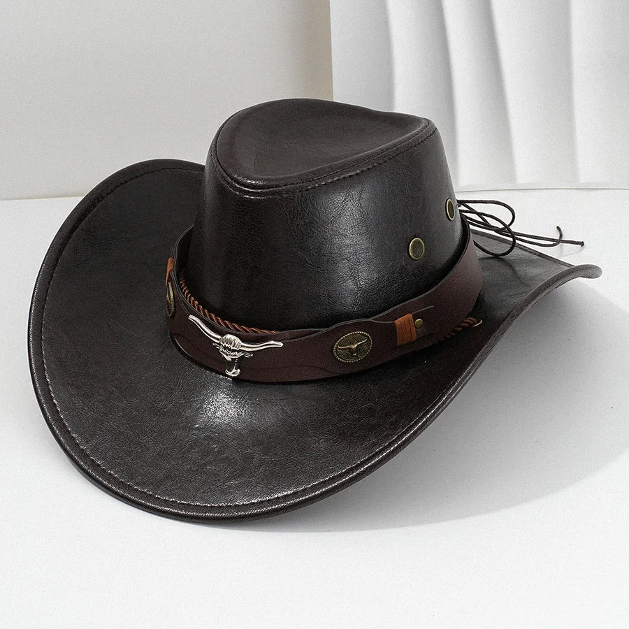 Unisex Vintage Faux Leather Western Cowboy Hat Outdoor Gentleman
