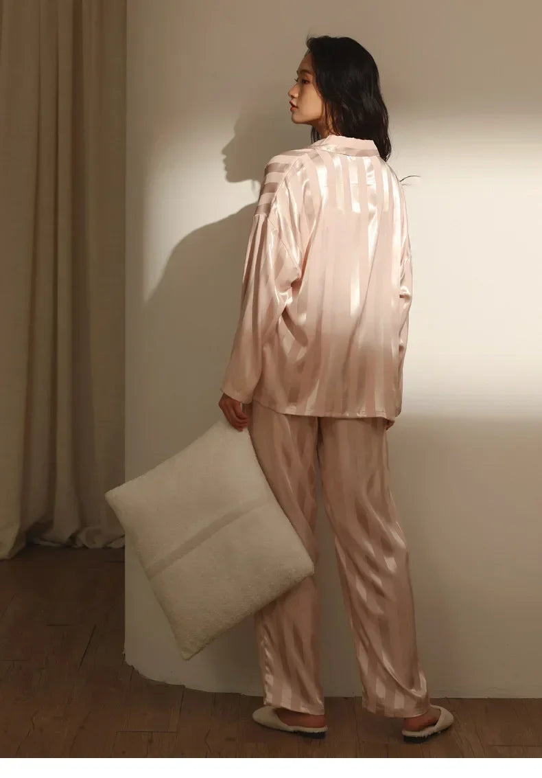 Women's Ice Silk Striped Pajama Set – Long Sleeve Sleepwear