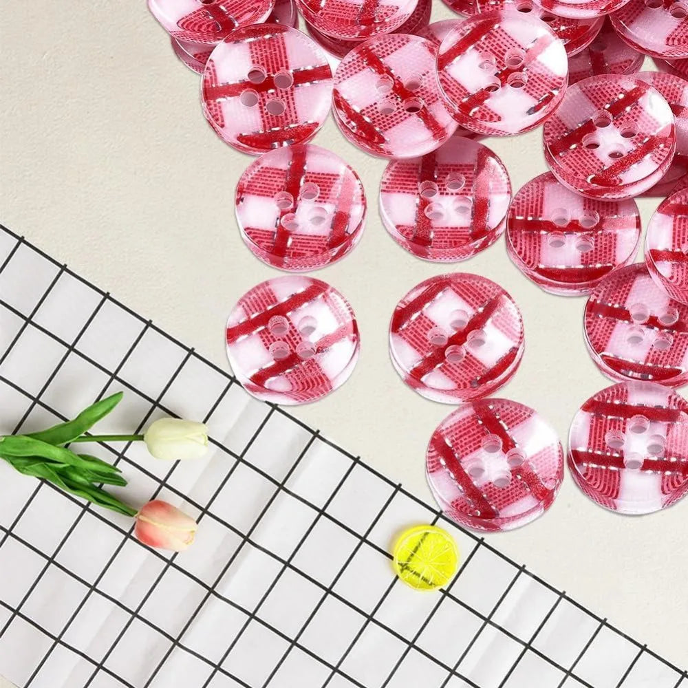100Pcs Red Buffalo Plaid Resin Buttons – 1/2 Inch 4-Hole Bulk