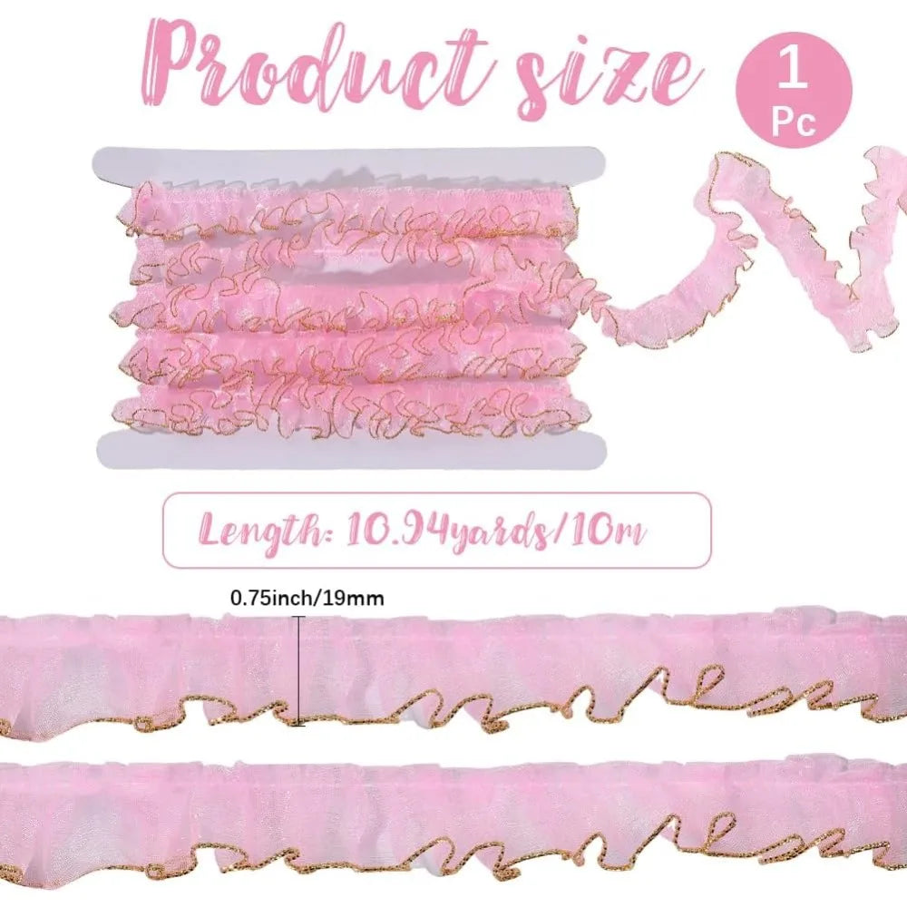 Pink Organza Pleated Ruffle Ribbon 10M | Glitter Trim 19–23mm
