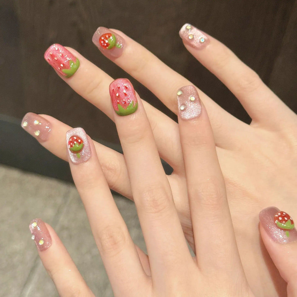 Handmade Press On Nails 3D Strawberry Cat Eye Short Pink 10pcs