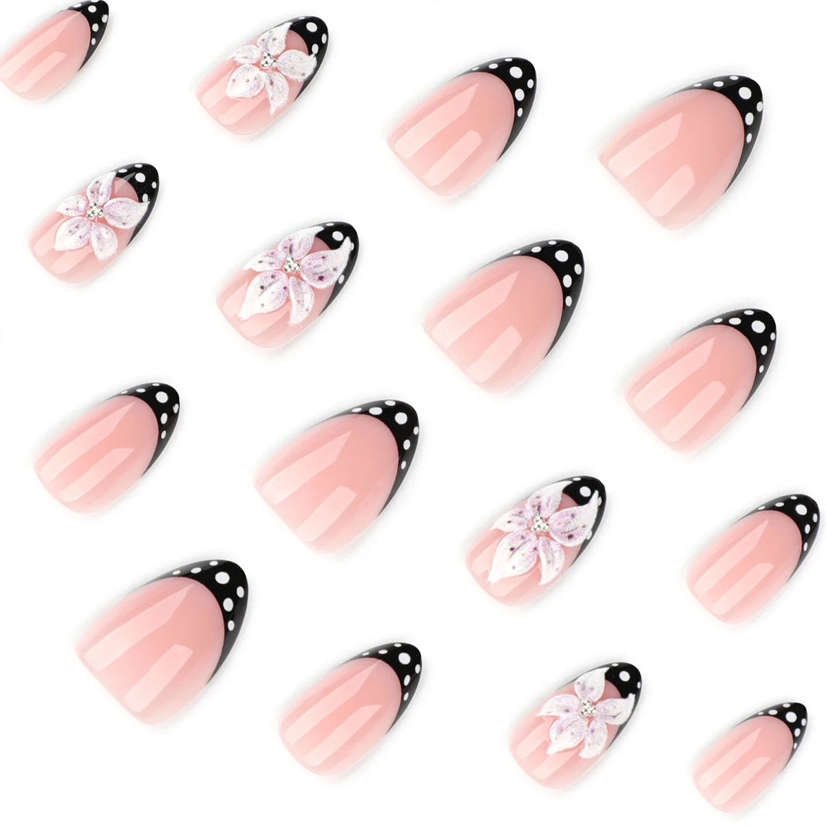 3D Flower Press-On Nails – Black French Almond 24pc Set