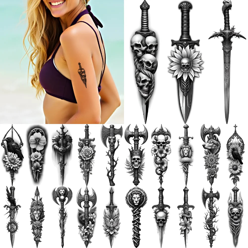 12pcs Realistic Temporary Tattoos – Skull, Flower, Crow & Dragon