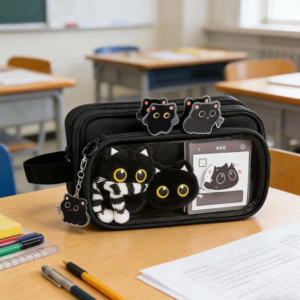10-Layer Black Cat Pencil Case Set with Sticky Notes & Gel Pens