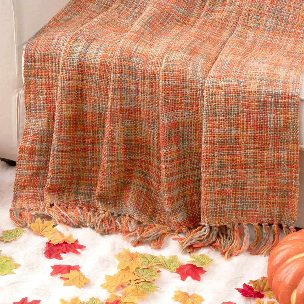 Battilo Orange Boho Cable Knit Throw Blanket with Tassels