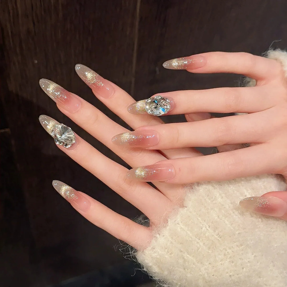 Handmade Press-On Nails | French Cat Eye Diamond Almond Glitter