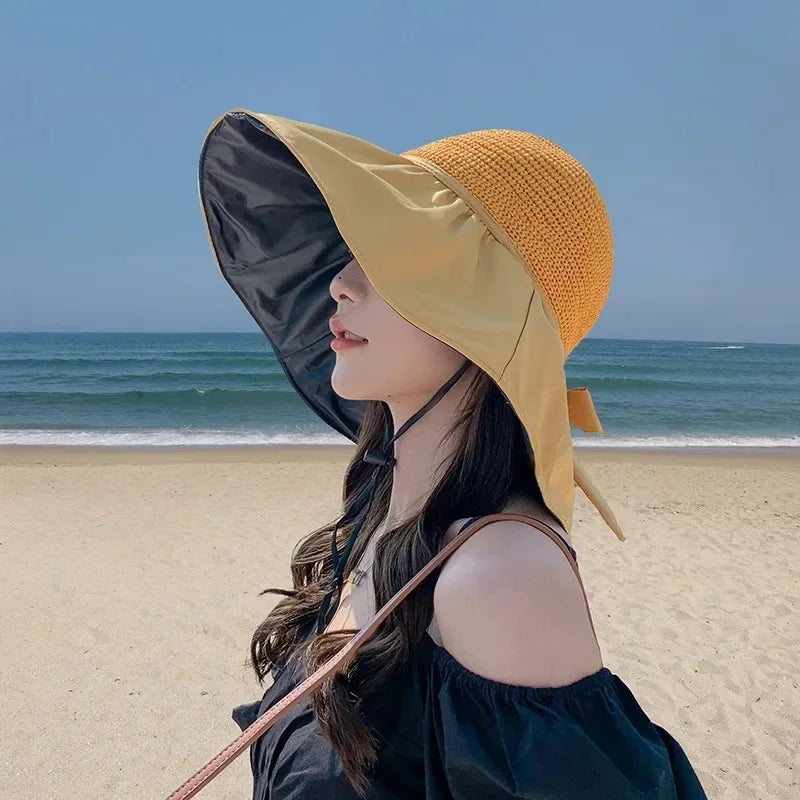 Women's Wide Brim Straw Bucket Hat – UV Sun Protection