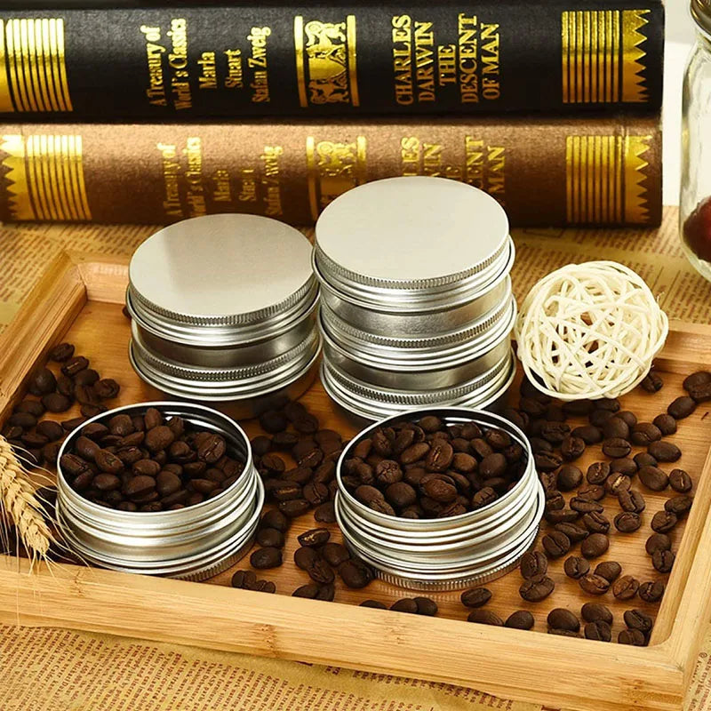 Metal Round Tins Aluminum Empty Silver Cans Screw Lid Jars Salve