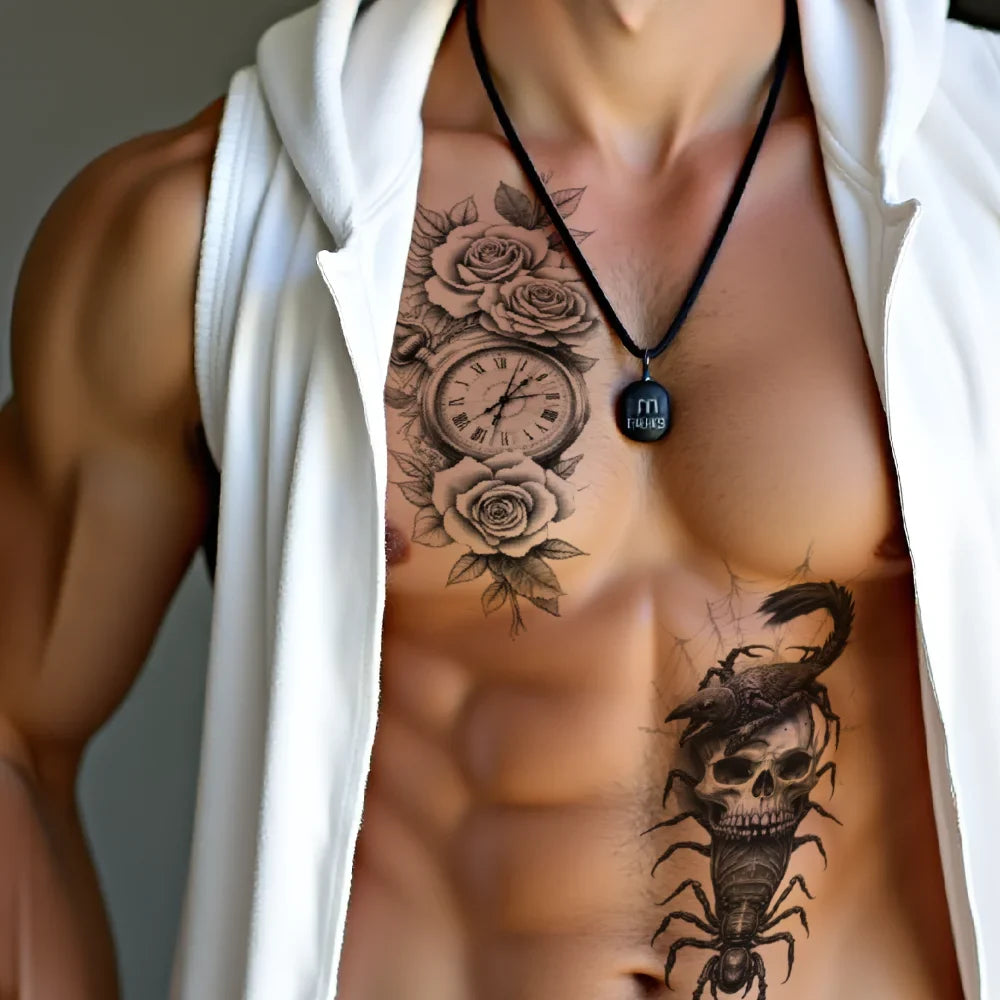 3-Pack Black & Grey Realism Temporary Tattoos – Roses & Skeleton