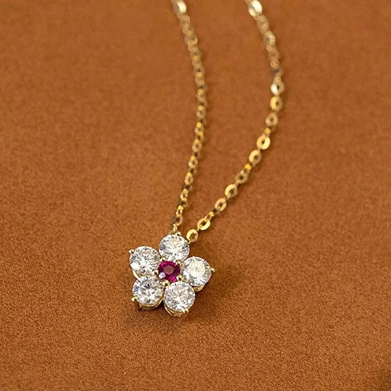 Huitan Flower Pendant Necklace Red CZ | Women's Fashion