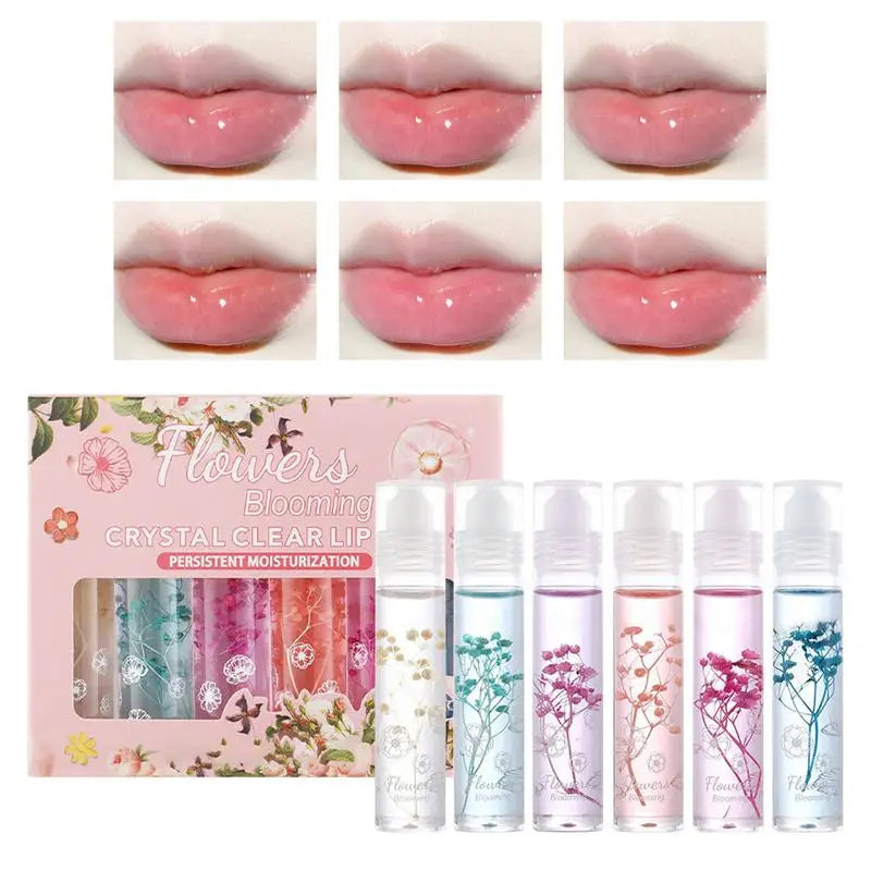 Flower Roll-On Lip Oil Set – Crystal Clear Gloss 6pc