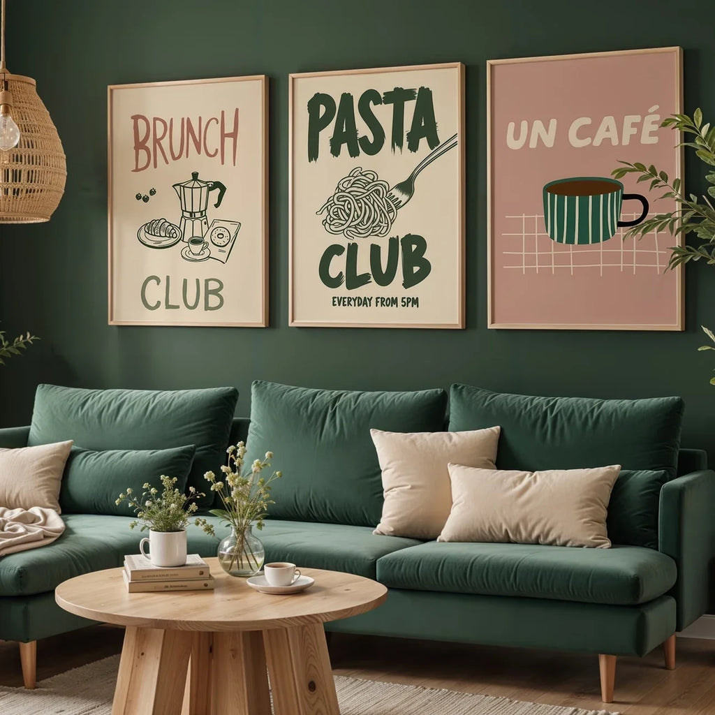 3-Piece Pasta & Coffee Canvas Wall Art | Green & Pink Prints
