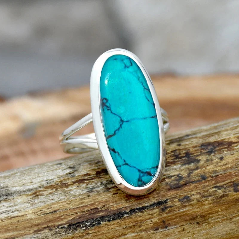 Huitan Oval Turquoise Boho Ring for Women – Vintage Style