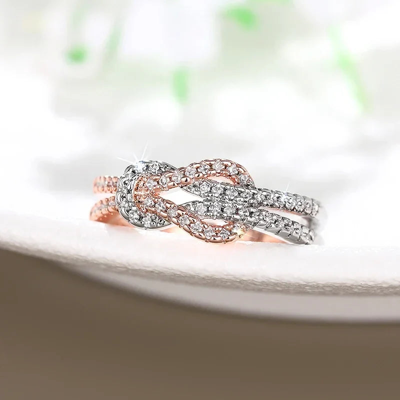 Huitan Two-Tone Twisty Knot Ring – Cubic Zirconia Women's Band