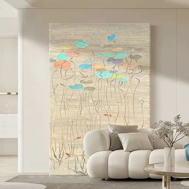 Lotus Pond Abstract Hand-Painted Oil Painting | Canvas Wall Art