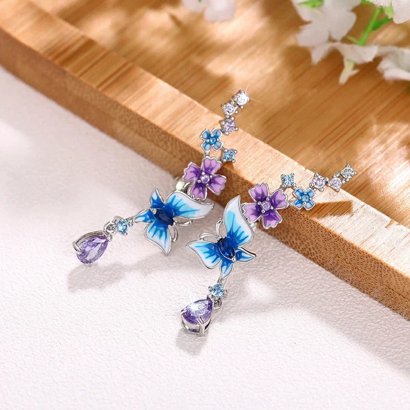 Huitan Butterfly Flower Drop Earrings | Colorful CZ Women's Jewelry