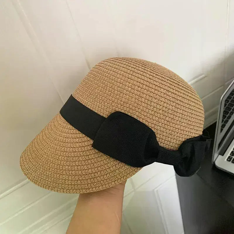 Women's Vintage Straw Sun Hat – French Flat Top Bow Beach Cap