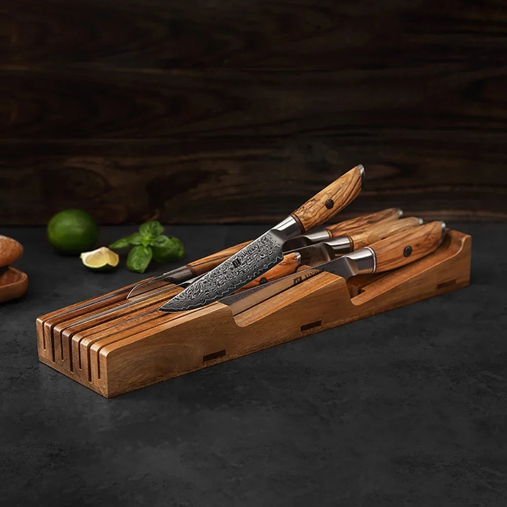 XINZUO 7-Slot Acacia Wood In-Drawer Knife Organizer Tray
