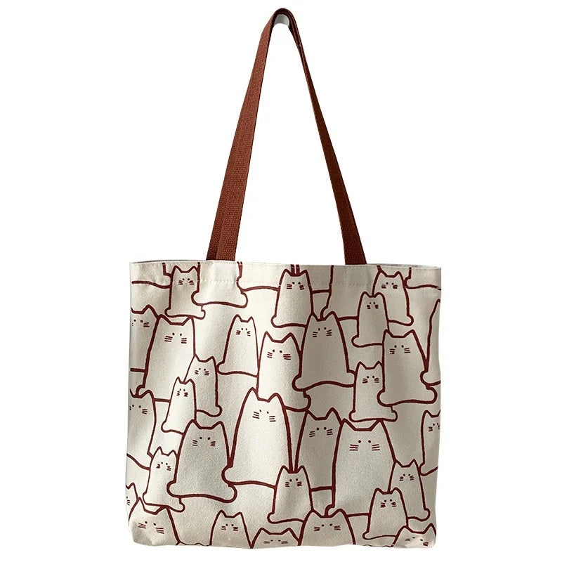 Cute Cat Canvas Tote Bag – Japanese Style Zipper Shoulder Bag