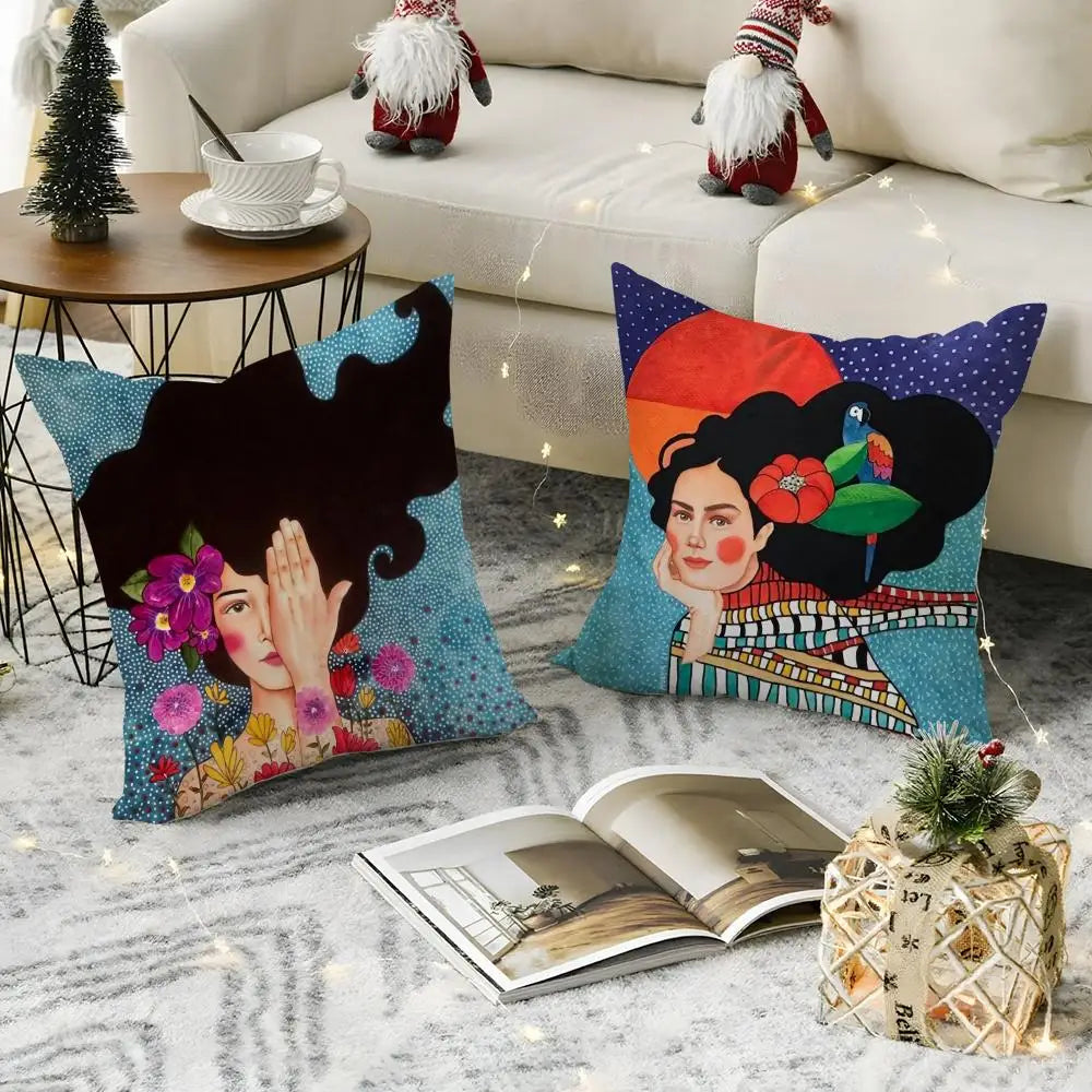 Abstract Girl Hair Flower Linen Cushion Cover | Home Decor