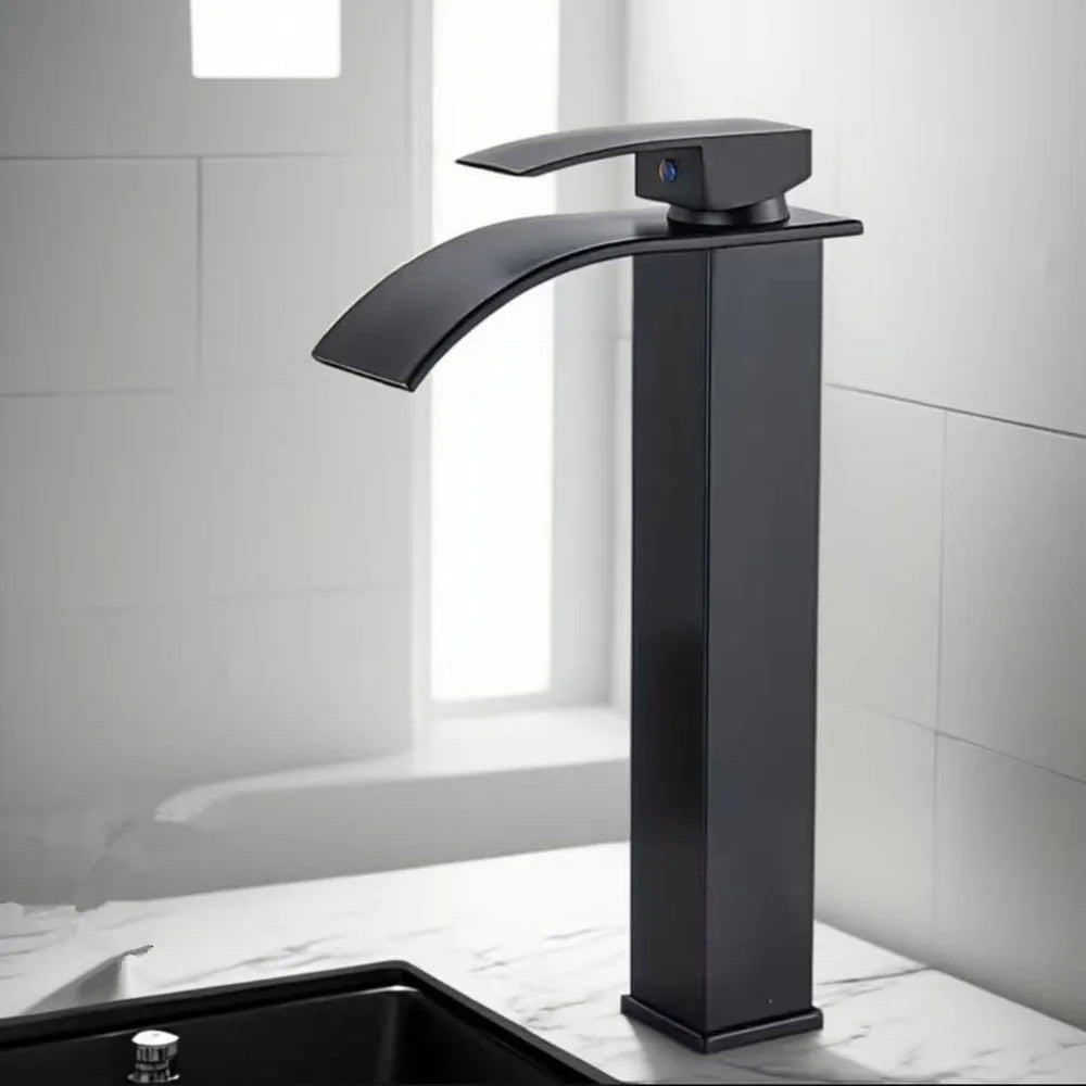 Black Tall Waterfall Bathroom Faucet | Single Hole Ceramic Valve