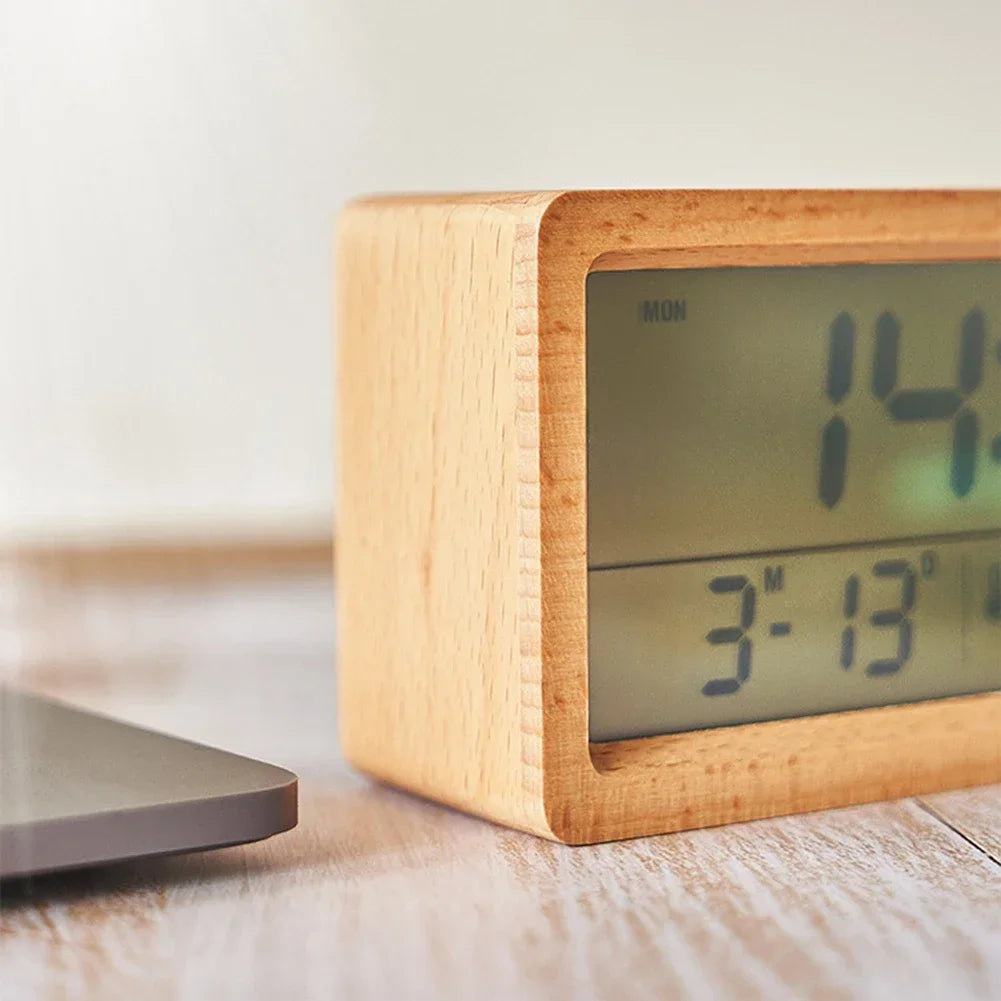 Wooden Digital Alarm Clock – Temp, Humidity & Date Display