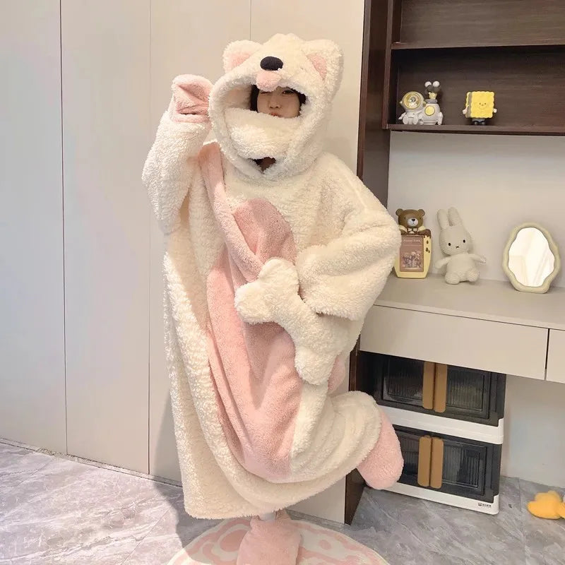 Cute Dog Cartoon Women's Fleece Hooded Pajama Set | Warm & Cozy