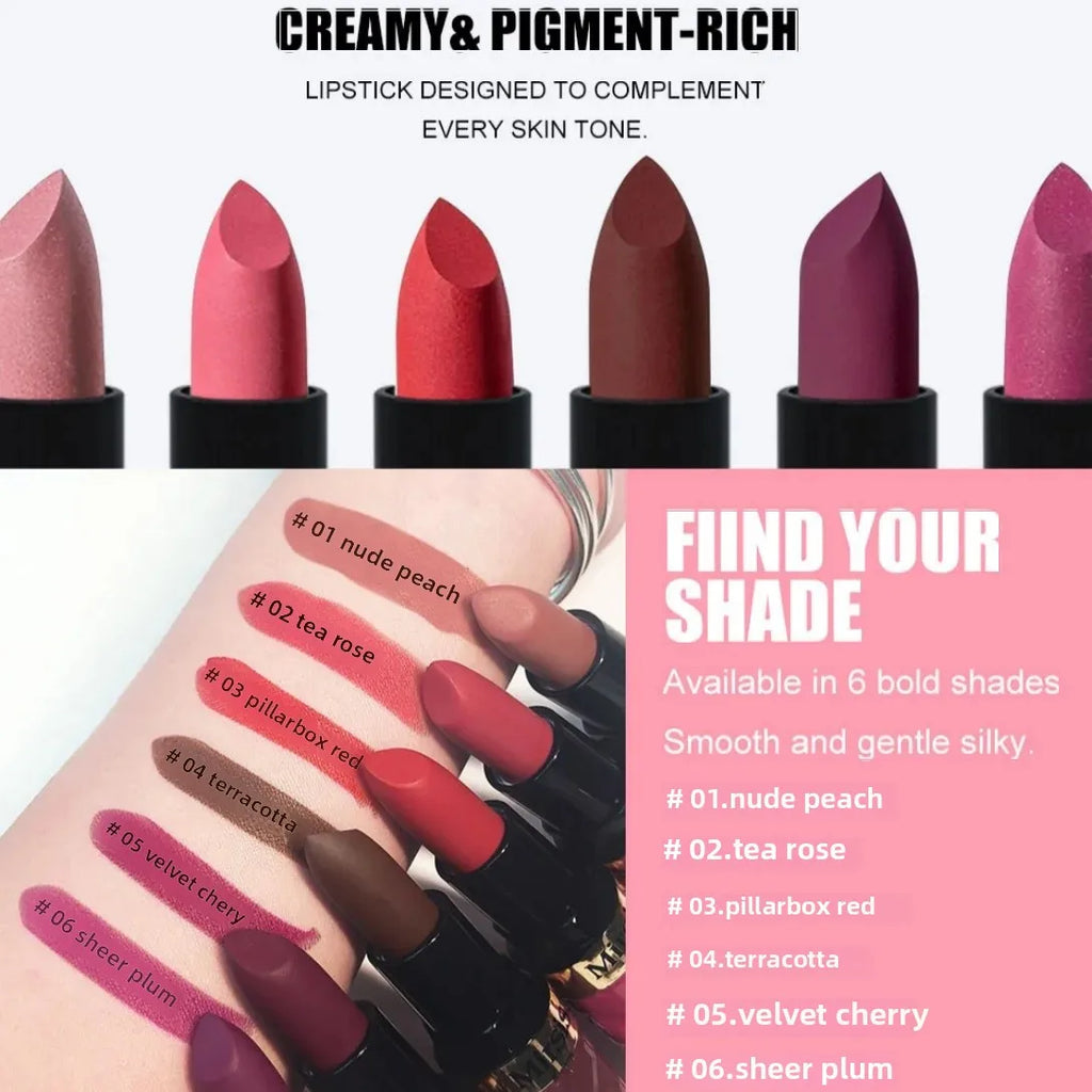 Mirsist Velvet Matte Lipstick – Waterproof & Non-Transfer, 6 Shades