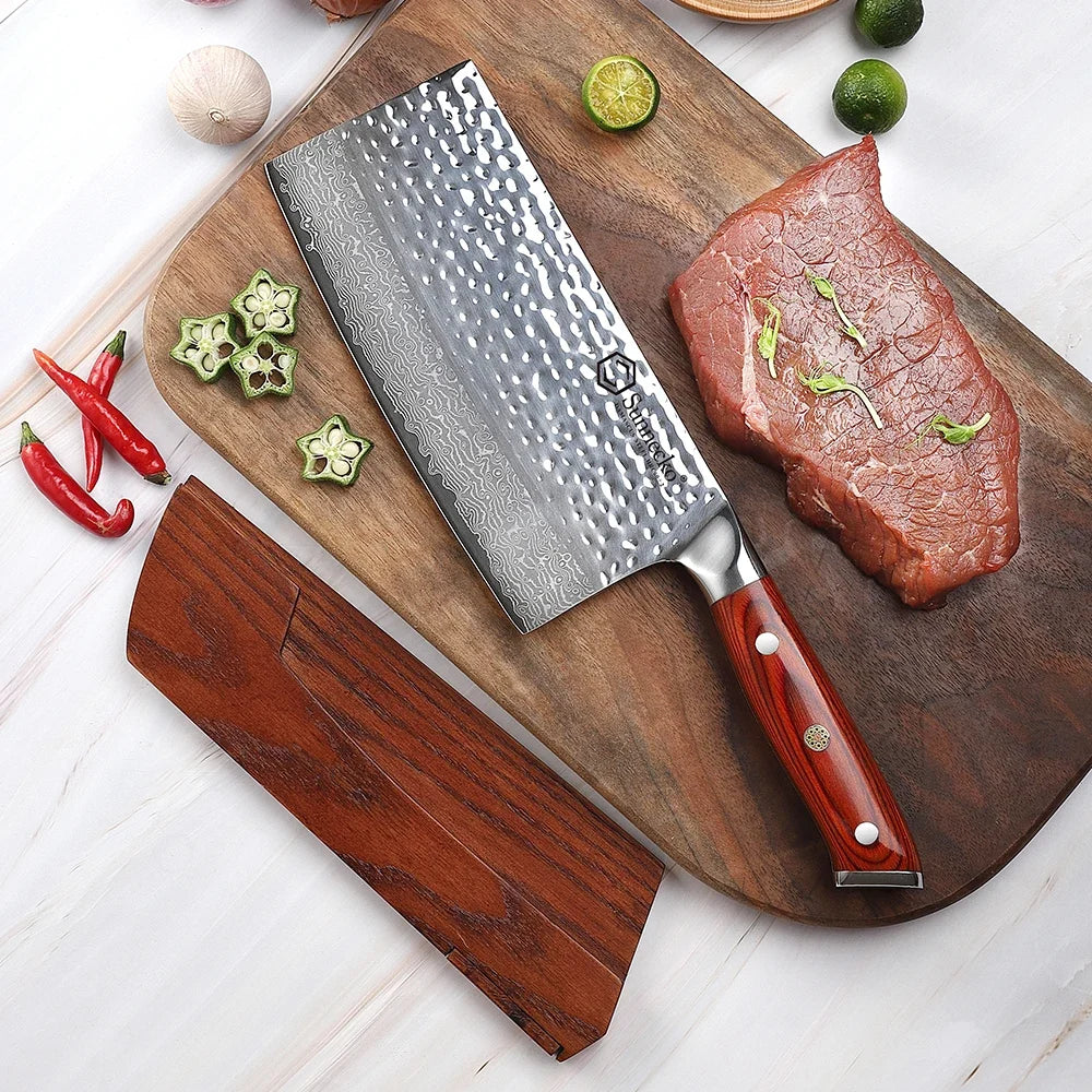 Sunnecko 7" Damascus Steel Cleaver Knife | Pakkawood Handle
